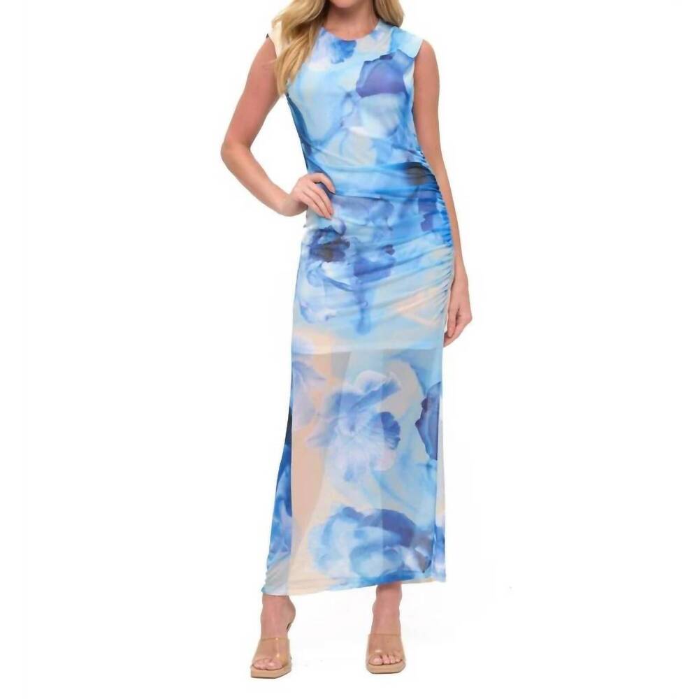 NEW ARIELLA ruched mesh midi dress in aqua multi